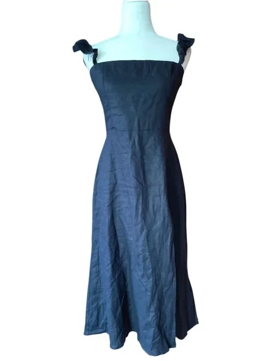 Reformation Spaulding 100% Linen Dress Sz 8  Black Ruffle Strap Formal Date - Picture 5 of 15